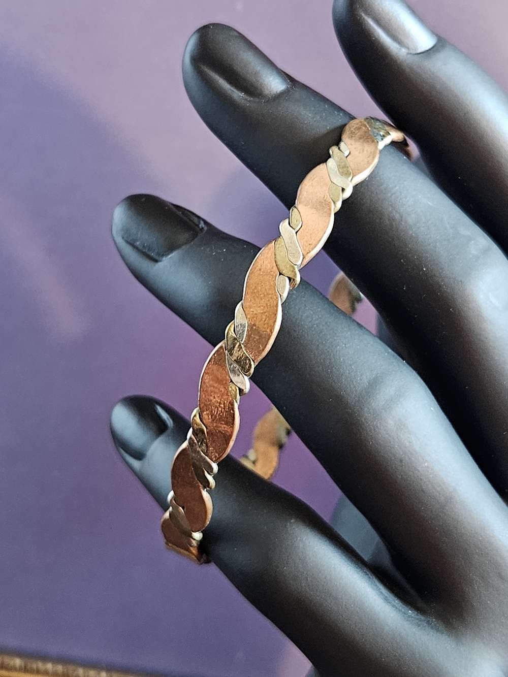 Vintage Handcrafter Tri-Tone Copper, Gold And Silver Braided Bangle Bracelet